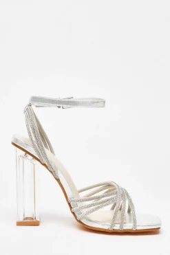 Quiz Diamante Strap Heeled Sandals Silver Sale