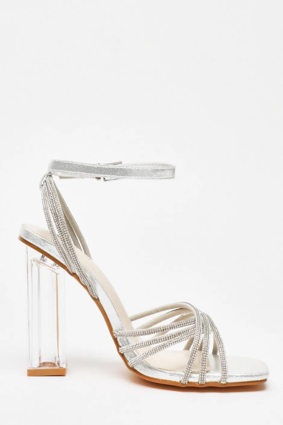 Quiz Diamante Strap Heeled Sandals Silver Sale