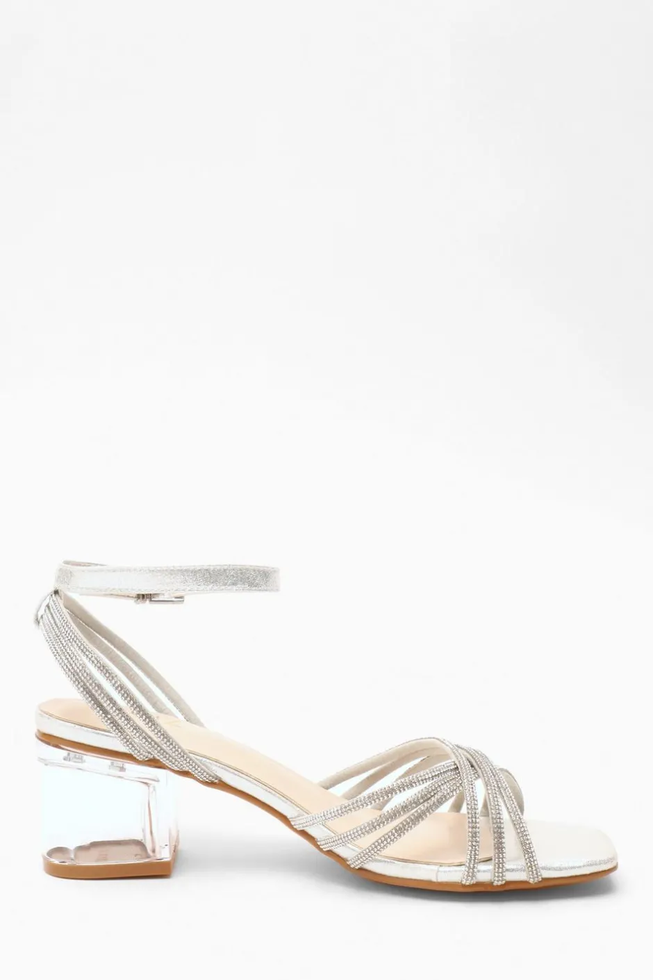 Quiz Diamante Strap Low Heeled Sandals Silver Sale
