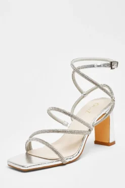 Quiz Diamante Strappy Block Heeled Sandals Silver Hot