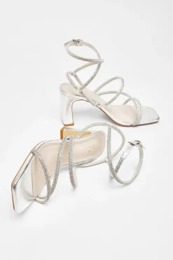 Quiz Diamante Strappy Block Heeled Sandals Silver Hot