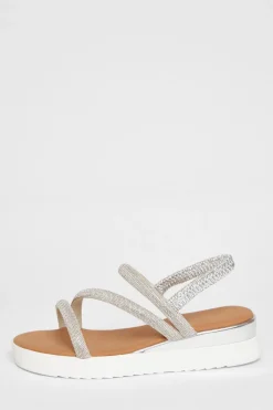 Quiz Silver Diamante Strappy Flatform Sandals