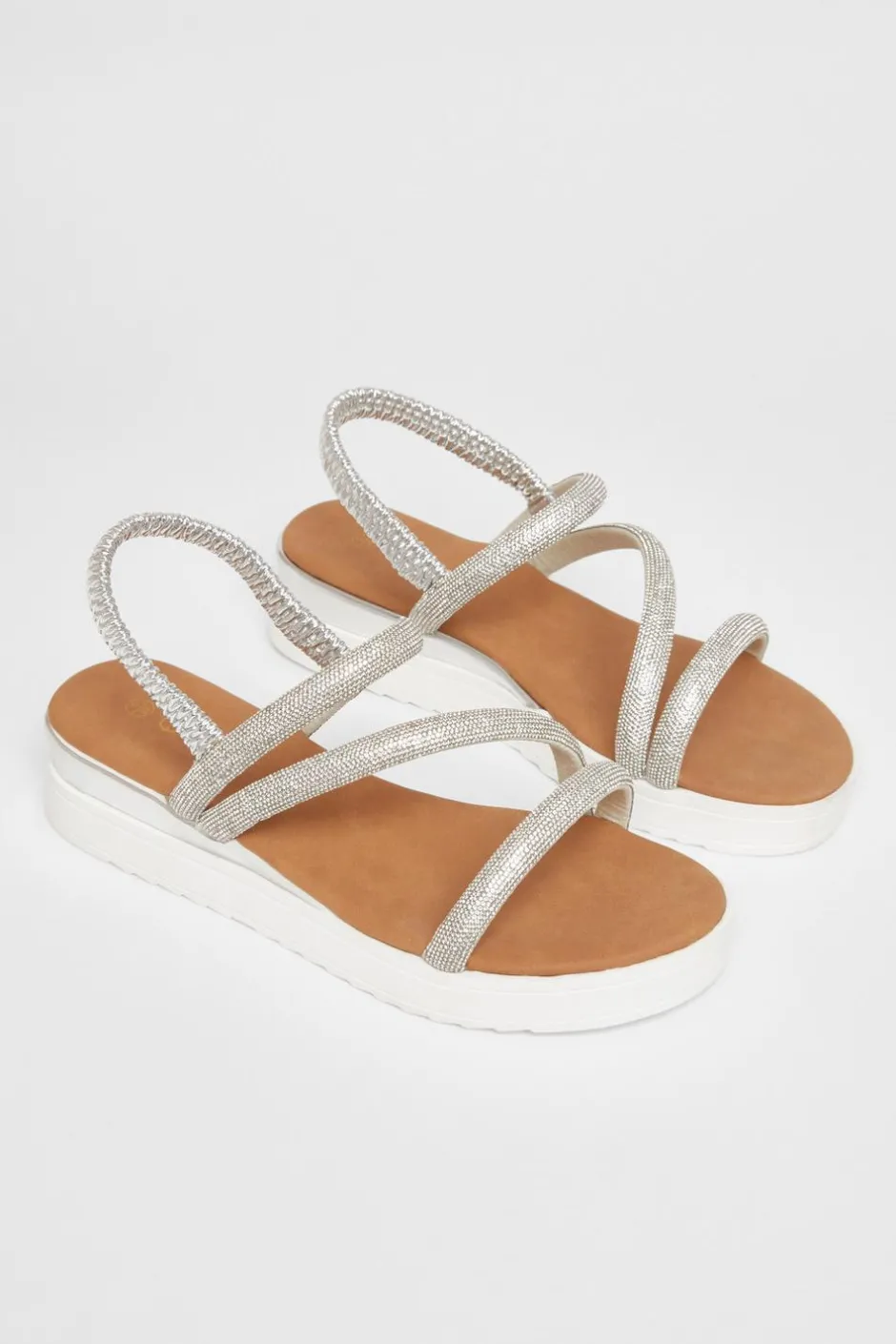 Quiz Silver Diamante Strappy Flatform Sandals