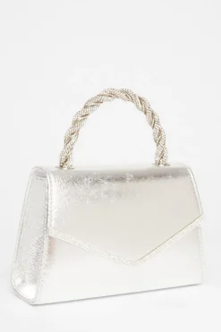 Quiz Diamante Twist Top Handle Bag Silver Hot