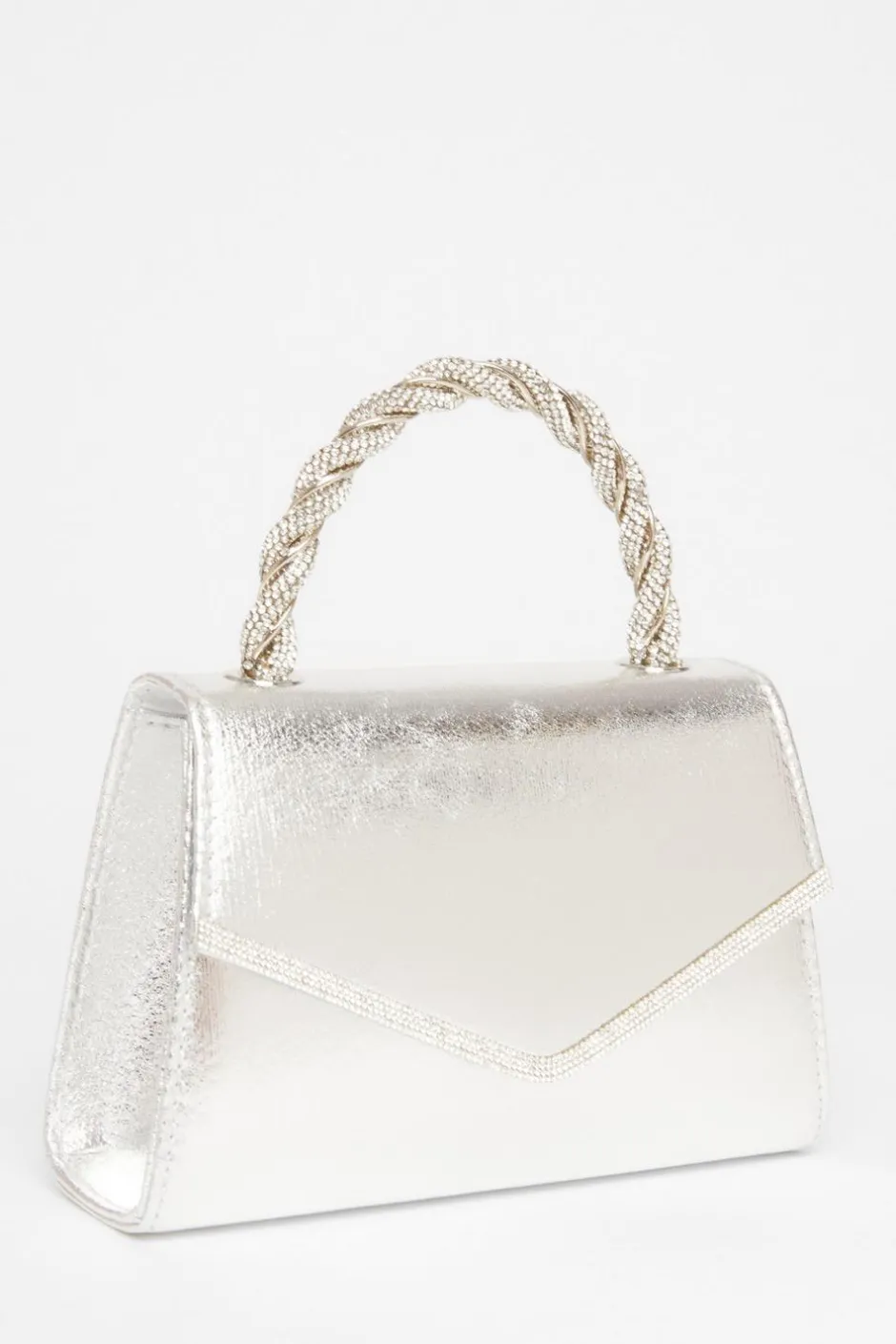 Quiz Diamante Twist Top Handle Bag Silver Hot