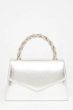 Quiz Diamante Twist Top Handle Bag Silver Hot
