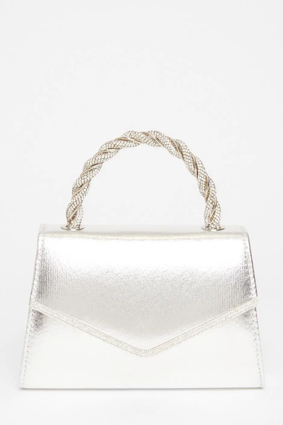 Quiz Diamante Twist Top Handle Bag Silver Hot
