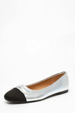 Quiz Silver Faux Leather Flat Pumps Sale