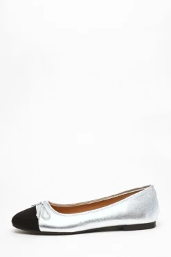 Quiz Silver Faux Leather Flat Pumps Sale