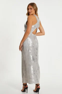 Quiz Silver Foil Plunge Maxi Dress Discount