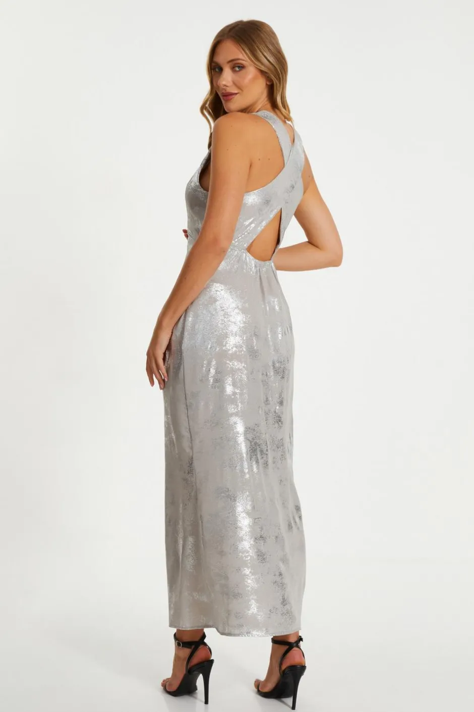 Quiz Silver Foil Plunge Maxi Dress Discount