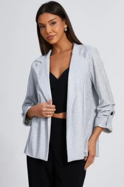 Quiz Silver Ruched Sleeve Blazer New