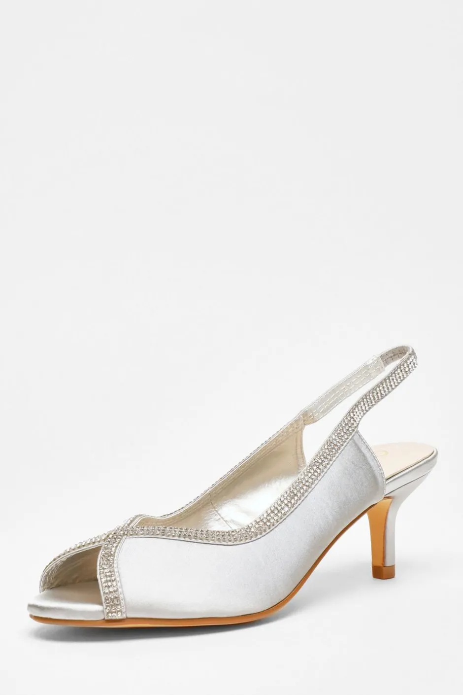 Quiz Satin Diamante Low Heeled Slingback Heels Silver