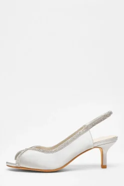 Quiz Satin Diamante Low Heeled Slingback Heels Silver