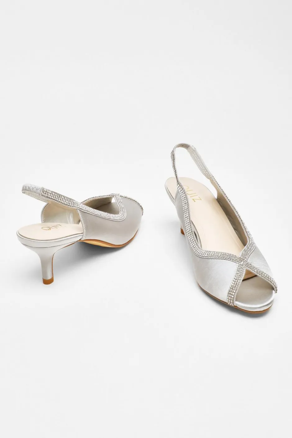 Quiz Satin Diamante Low Heeled Slingback Heels Silver