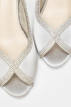 Quiz Satin Diamante Low Heeled Slingback Heels Silver