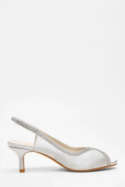 Quiz Satin Diamante Low Heeled Slingback Heels Silver