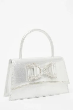 Quiz Satin Double Bow Bag Silver New