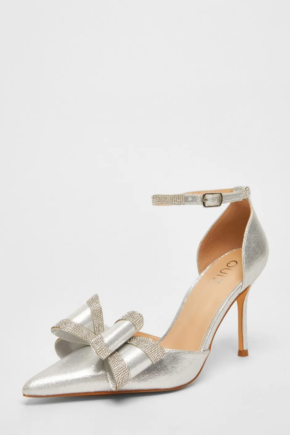 Quiz Shimmer Diamante Bow Court Heels Silver