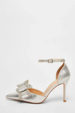 Quiz Shimmer Diamante Bow Court Heels Silver