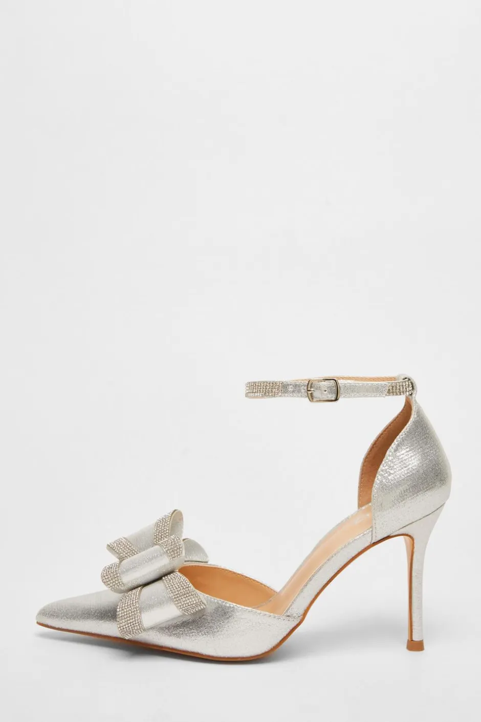 Quiz Shimmer Diamante Bow Court Heels Silver