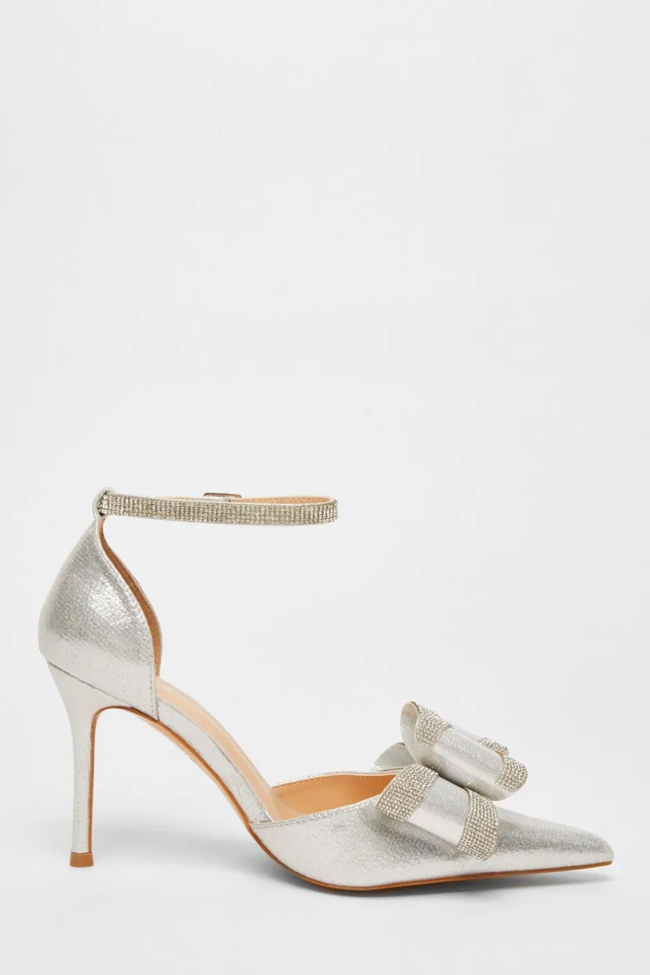 Quiz Shimmer Diamante Bow Court Heels Silver