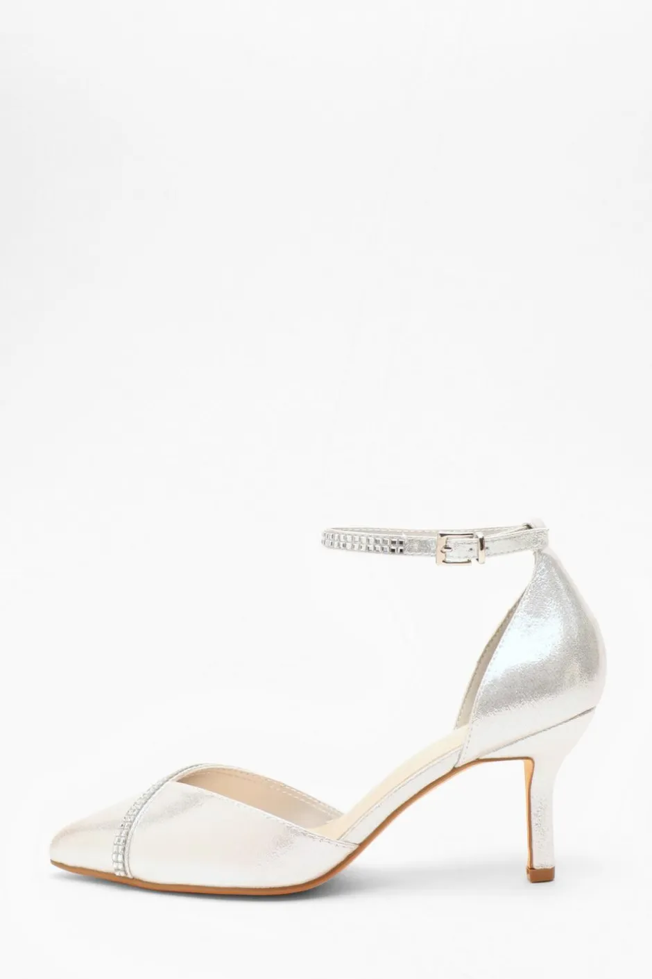 Quiz Silver Shimmer Diamante Trim Court Heels Discount