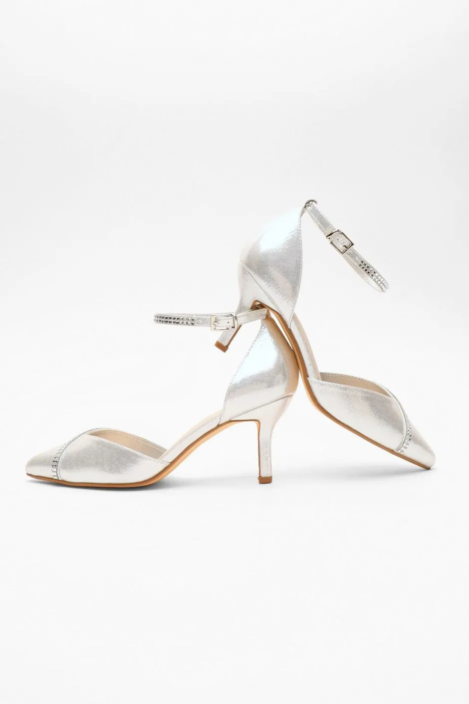 Quiz Silver Shimmer Diamante Trim Court Heels Discount