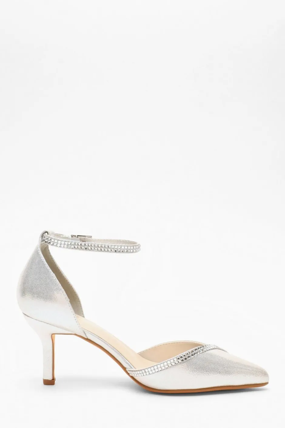 Quiz Silver Shimmer Diamante Trim Court Heels Discount