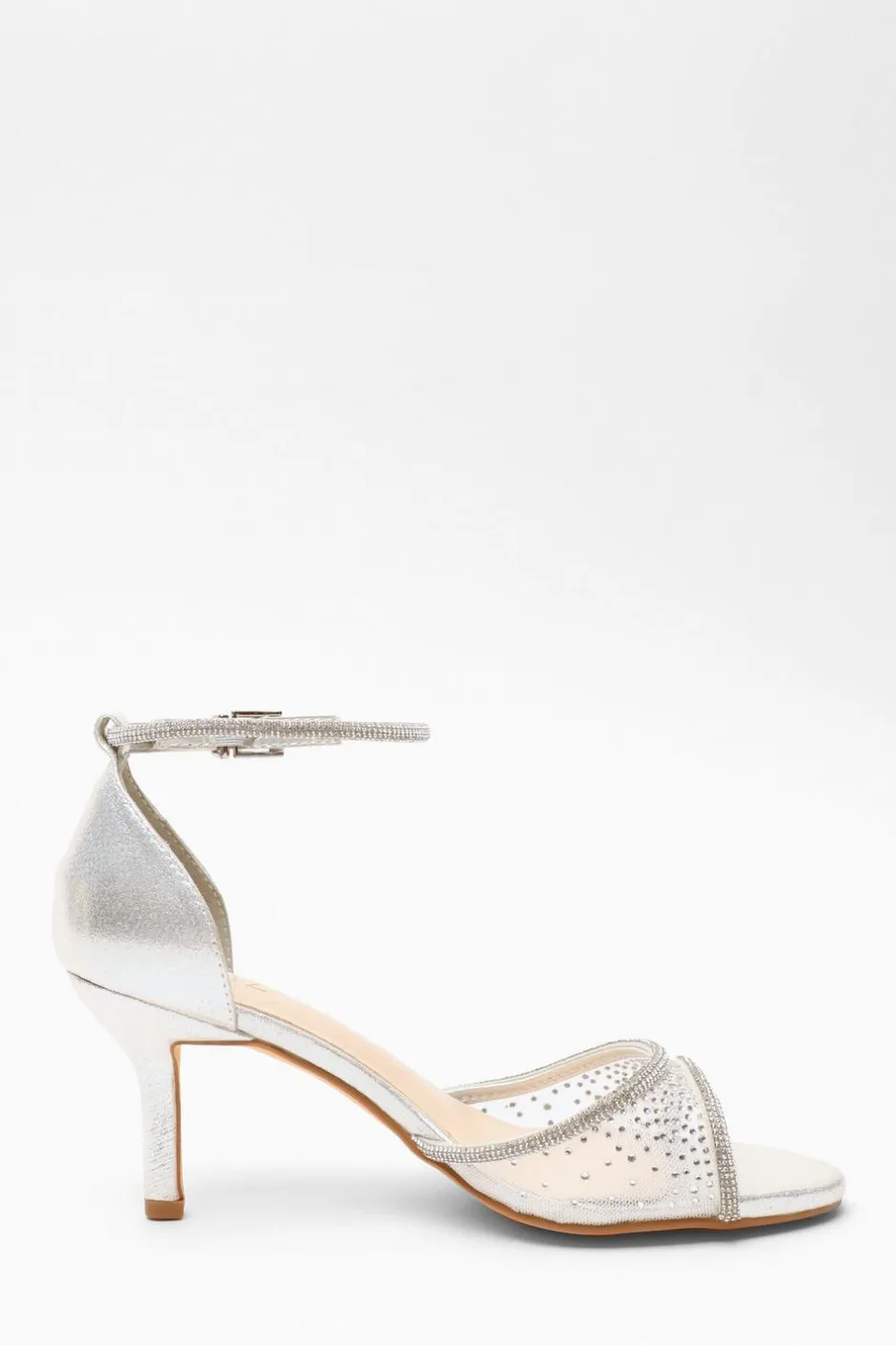 Quiz Shimmer Mesh Diamante Heeled Sandal Silver Sale