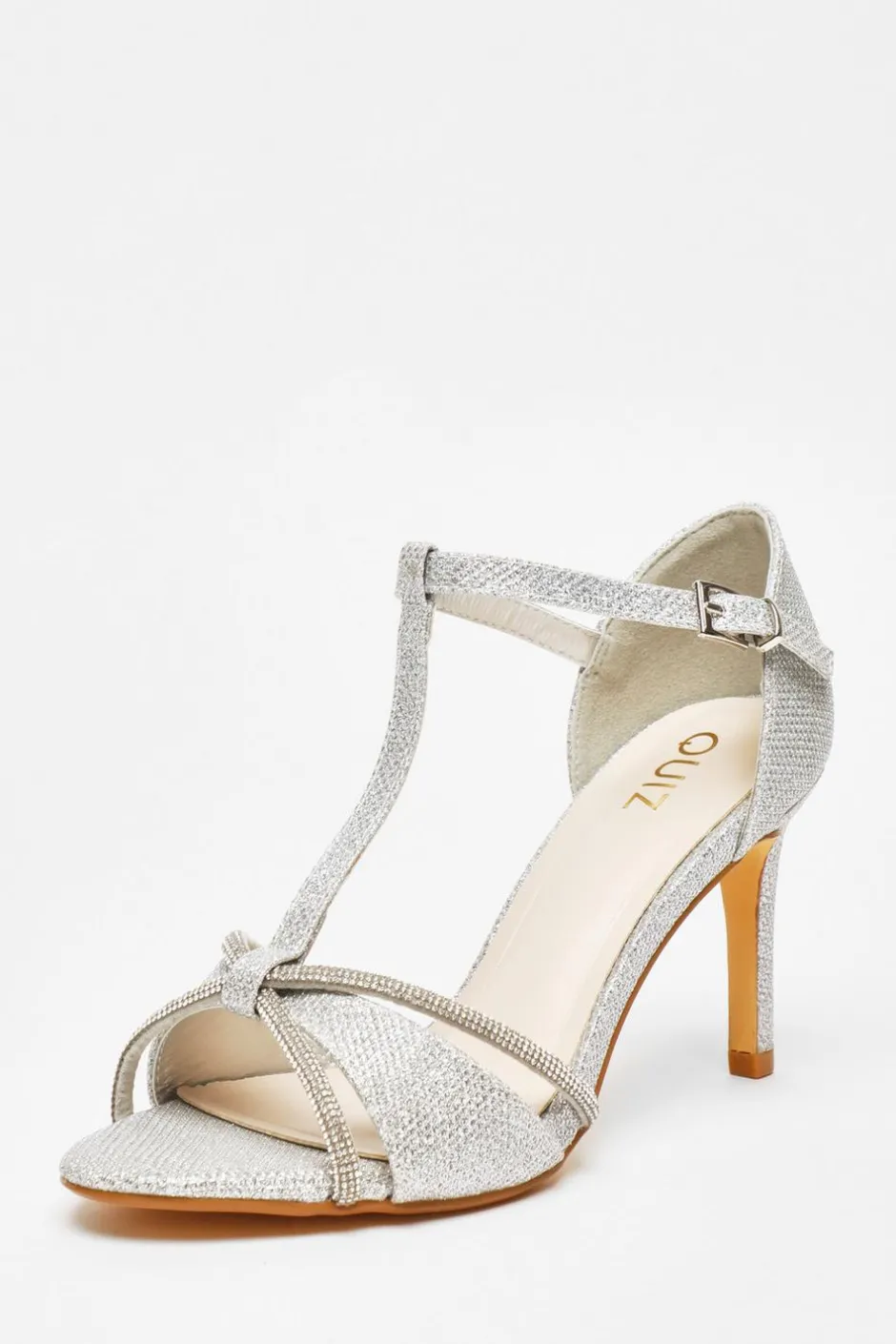 Quiz Silver Shimmer T-Bar Heeled Sandals New