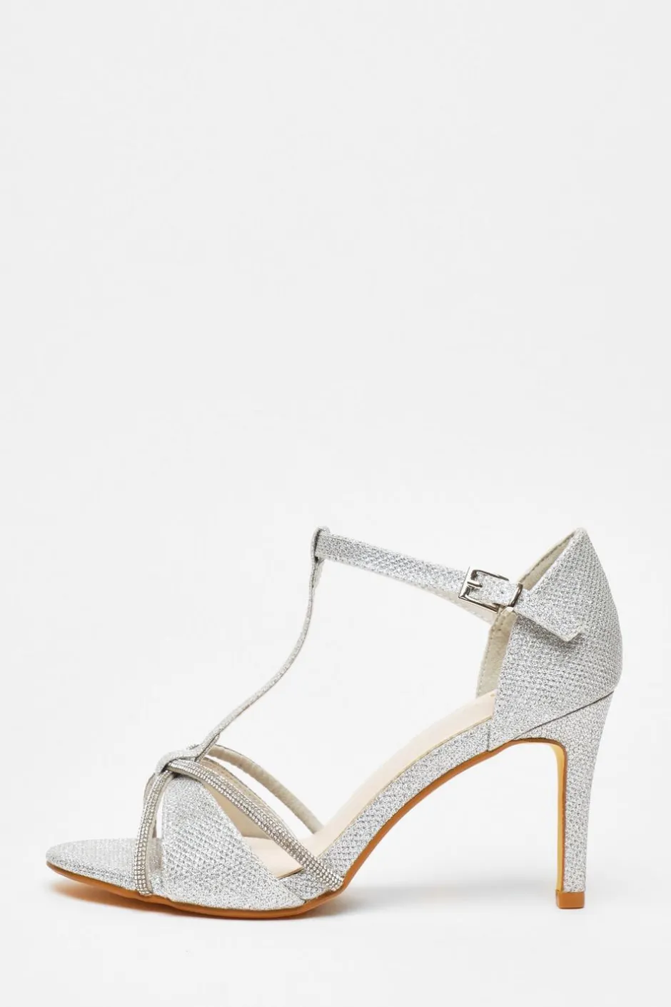 Quiz Silver Shimmer T-Bar Heeled Sandals New
