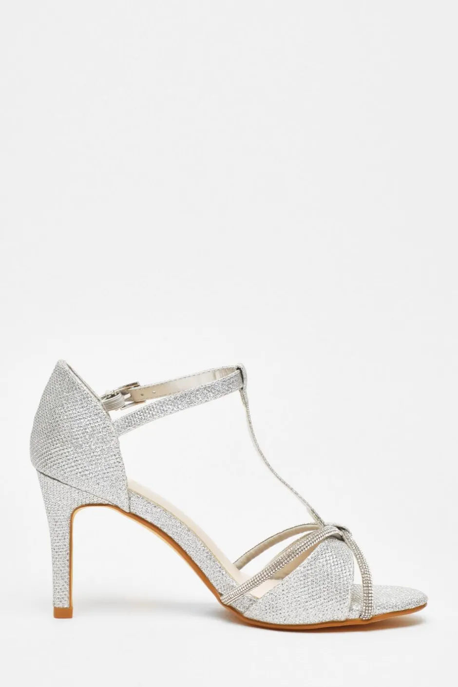 Quiz Silver Shimmer T-Bar Heeled Sandals New