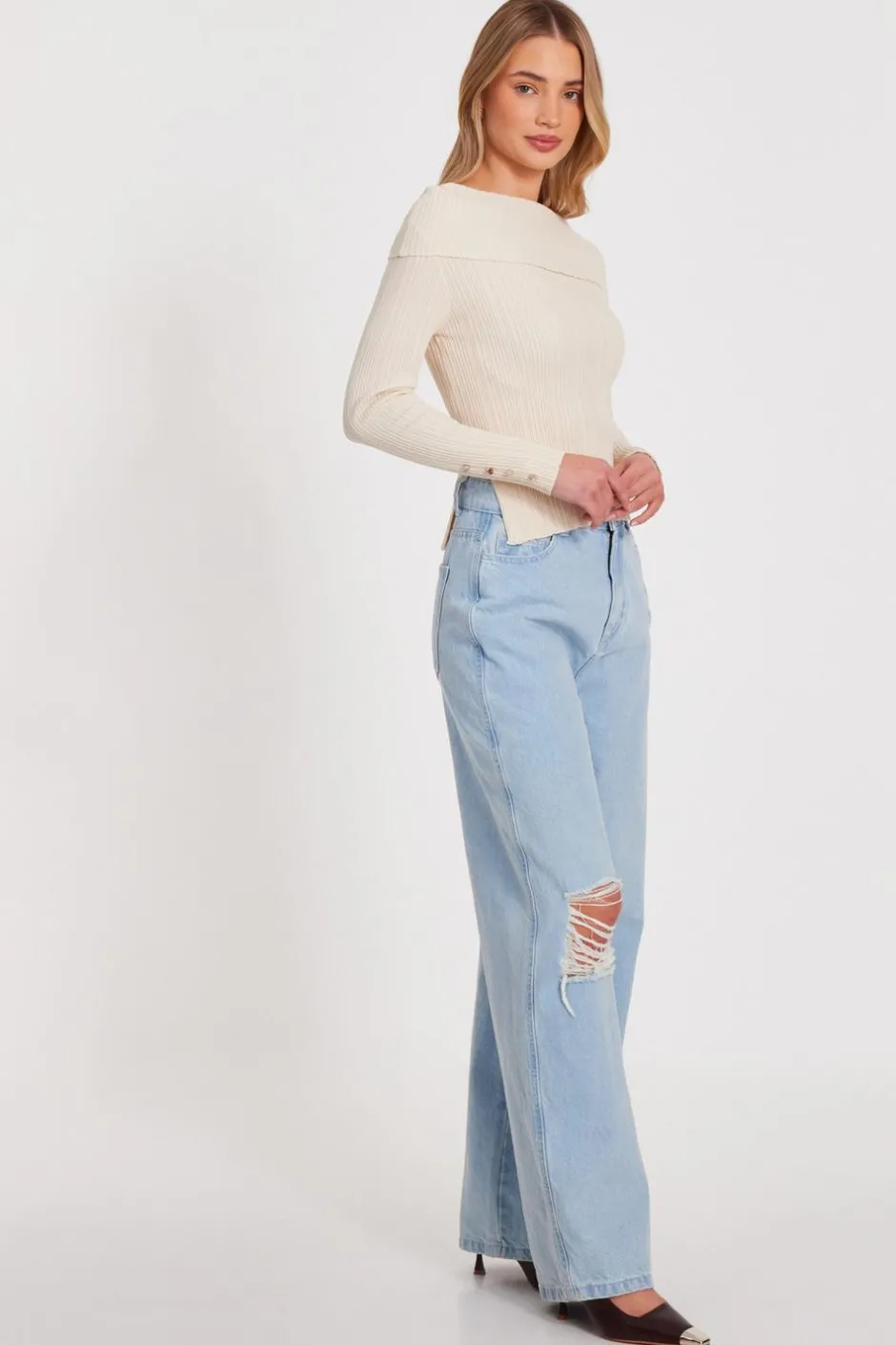 Quiz Stone Bardot Knitted Top Clearance