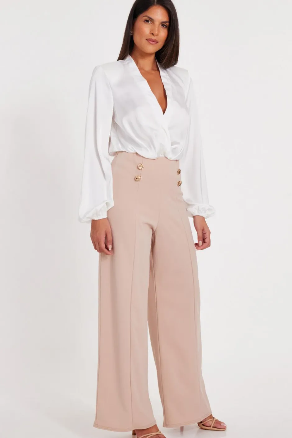 Quiz Button Detail Palazzo Trousers Stone Best