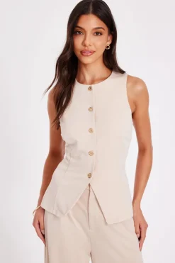 Quiz Button Front Waistcoat Stone Discount