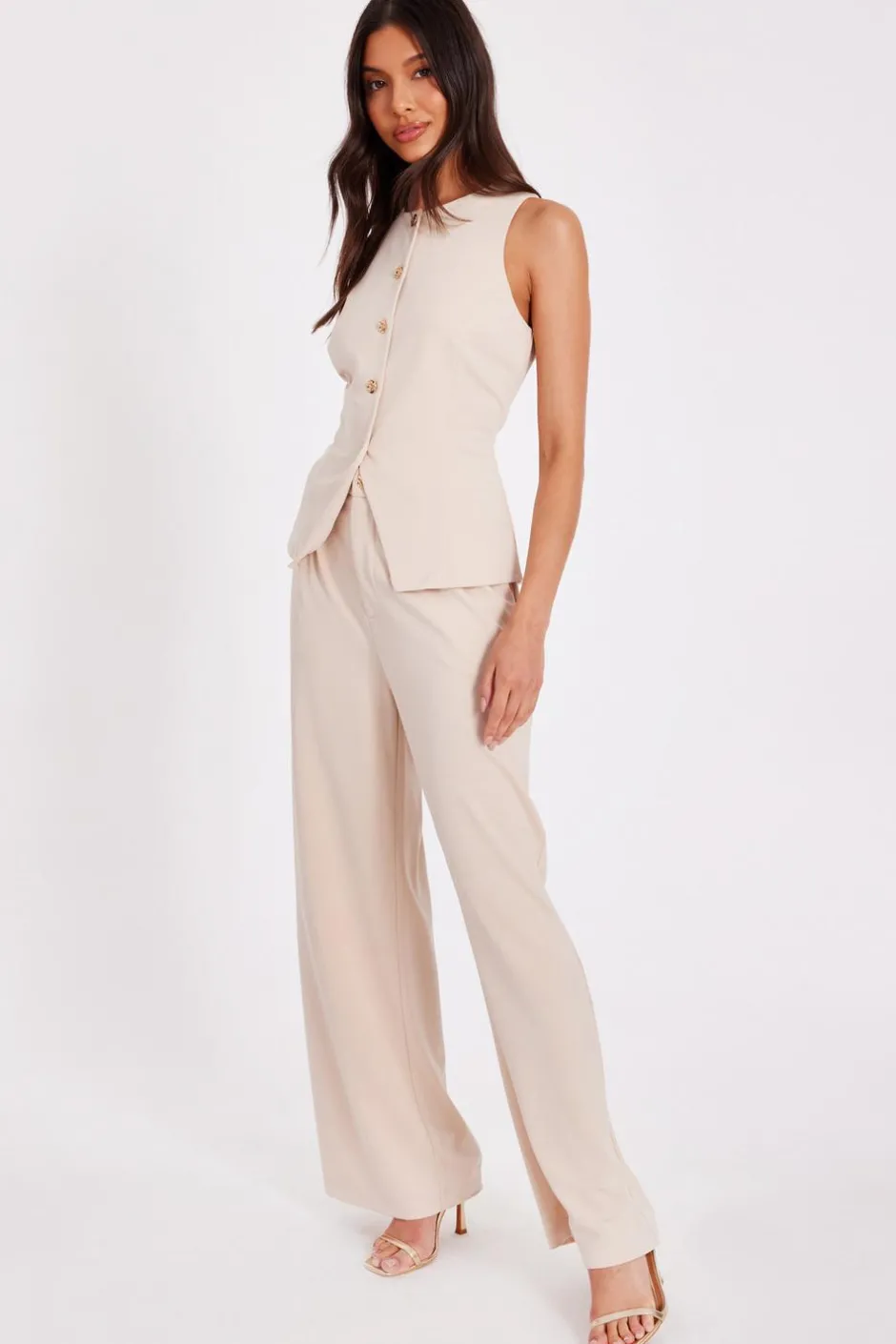 Quiz Button Front Waistcoat Stone Discount