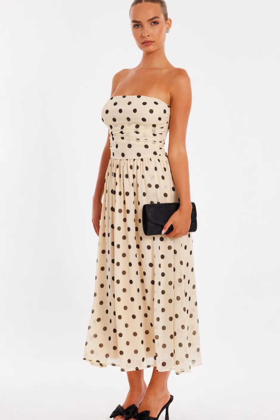 Quiz Chiffon Polka Dot Midi Dress Stone