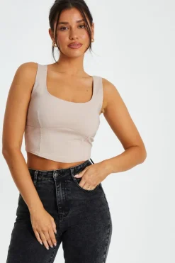 Quiz Corset Detail Crop Top Stone Outlet