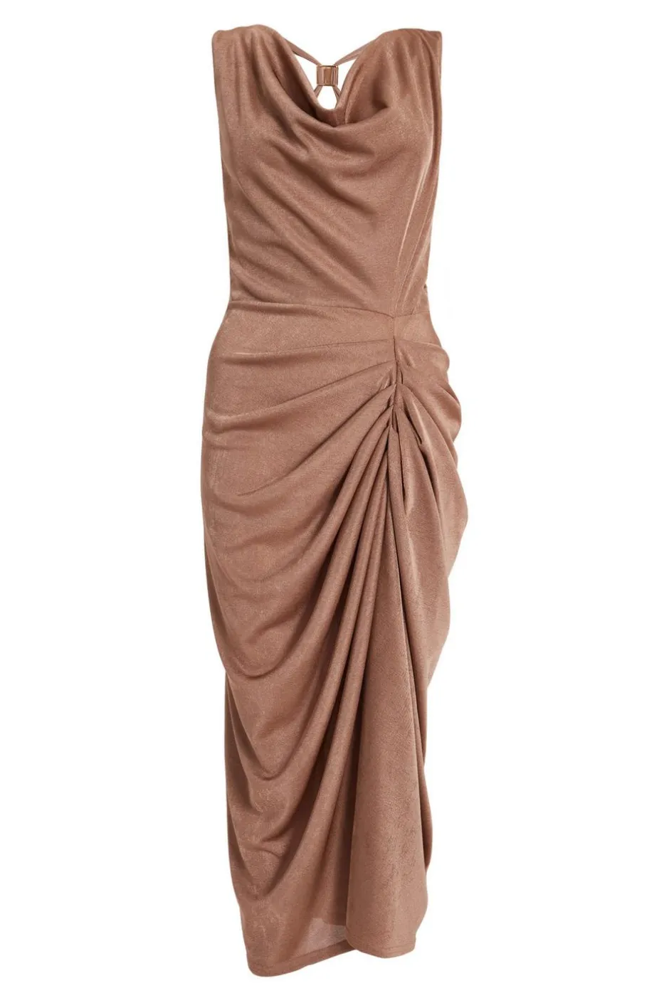 Quiz Cowl Neck Ruched Midi Dress Stone