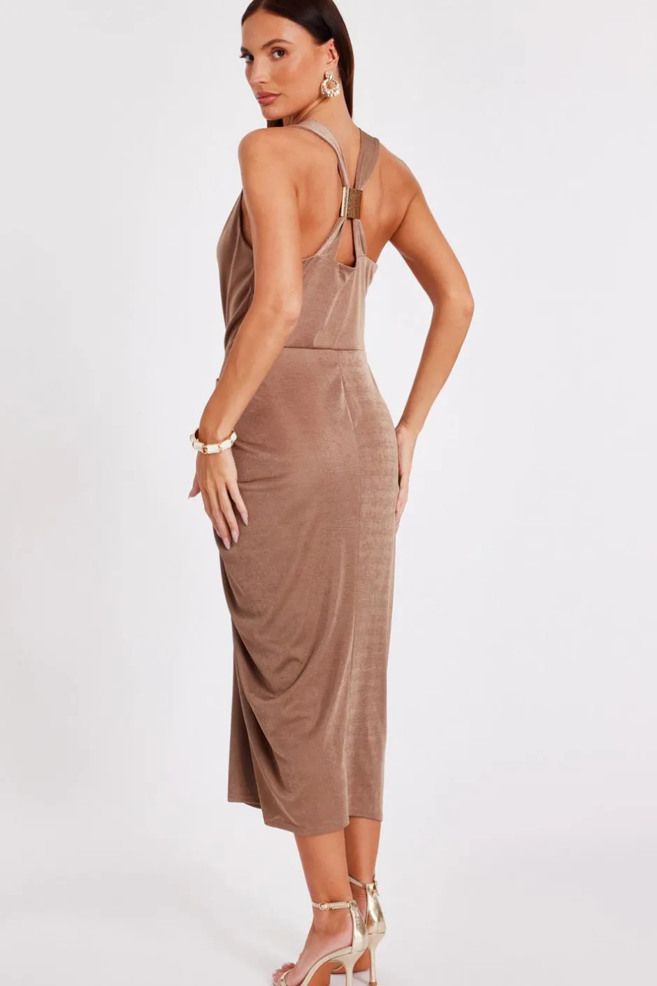 Quiz Cowl Neck Ruched Midi Dress Stone