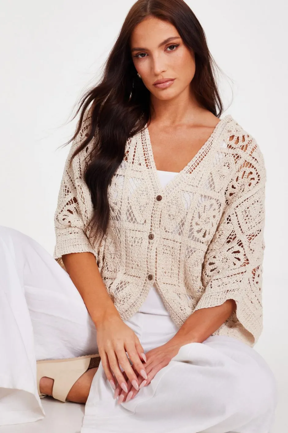 Quiz Stone Crochet Button Front Cardigan Outlet