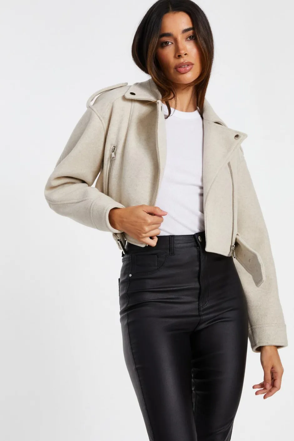 Quiz Stone Cropped Biker Jacket Discount