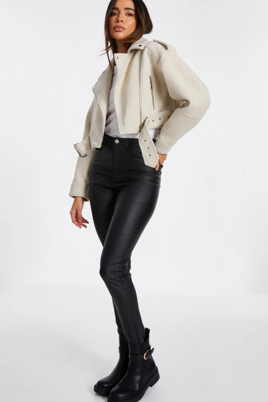 Quiz Stone Cropped Biker Jacket Discount