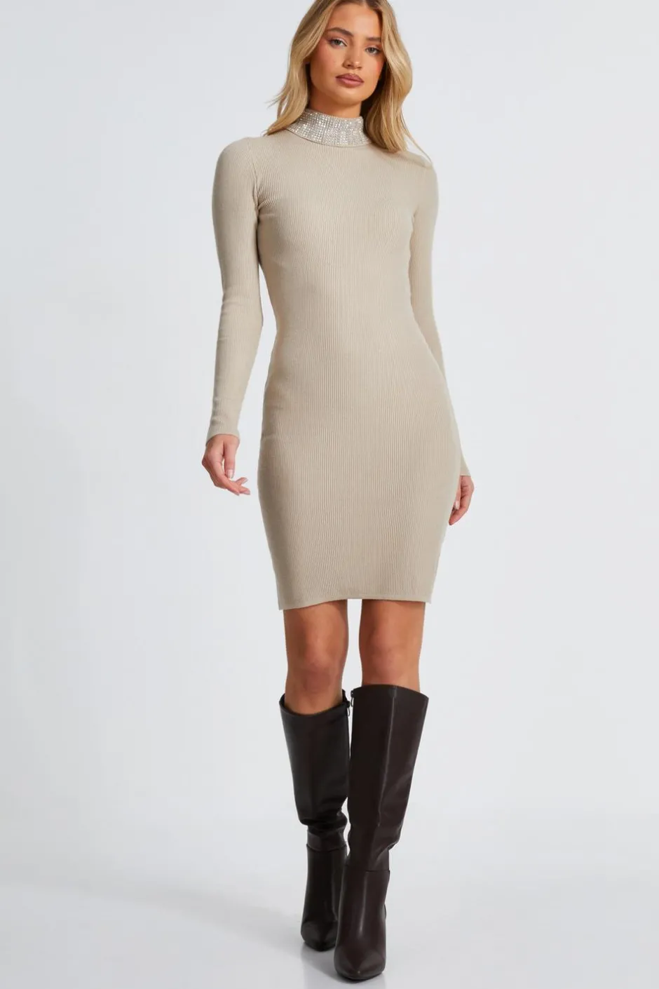 Quiz Diamante Roll Neck Dress Stone Best