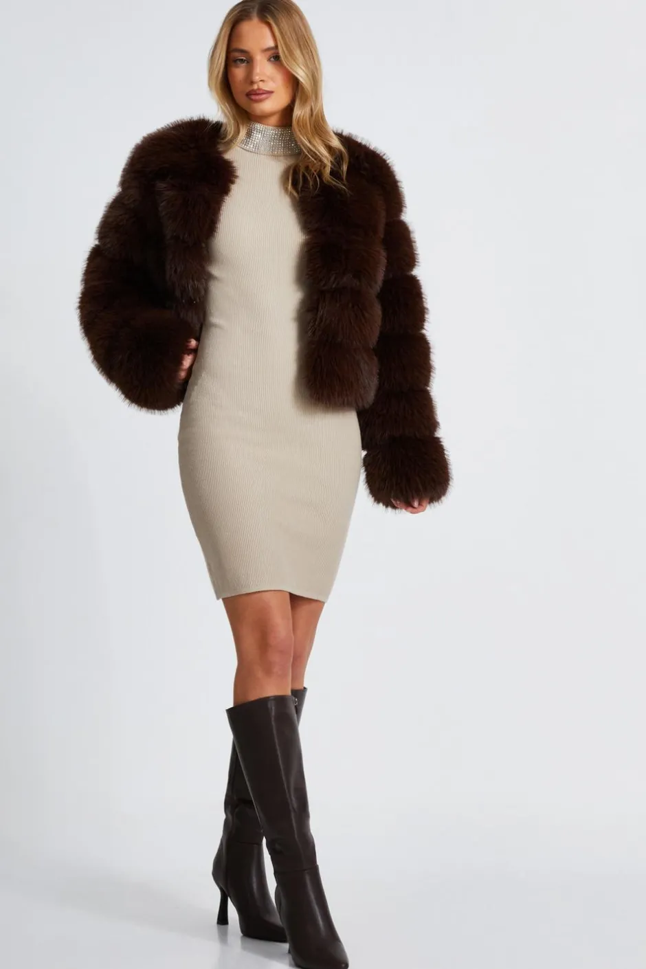 Quiz Diamante Roll Neck Dress Stone Best