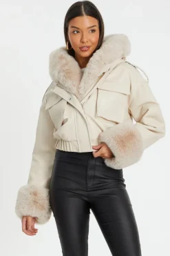 Quiz Faux Fur Bomber Jacket Stone Clearance