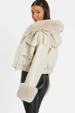 Quiz Faux Fur Bomber Jacket Stone Clearance