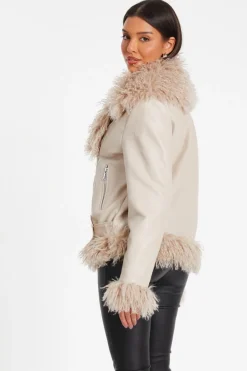 Quiz Stone Faux Fur Contrast Belted Jacket New