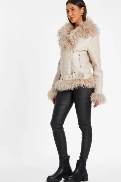 Quiz Stone Faux Fur Contrast Belted Jacket New